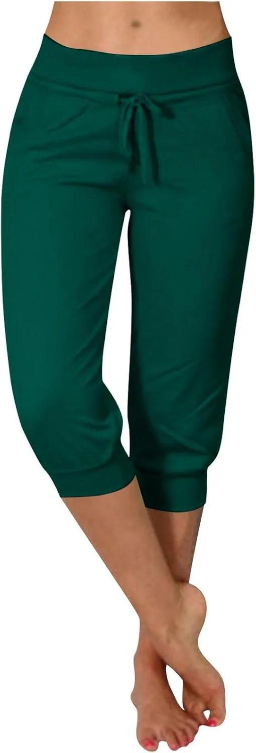 Women's Cropped Trousers Drawstring Capri Pants 3/4 Length Sweatpants Mid Waisted Yoga Pant Elastic Waist Trouser