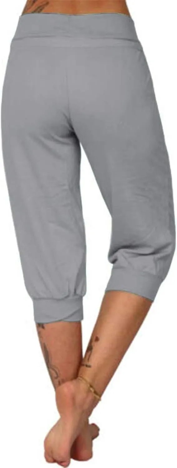 Women's Cropped Trousers Drawstring Capri Pants 3/4 Length Sweatpants Mid Waisted Yoga Pant Elastic Waist Trouser