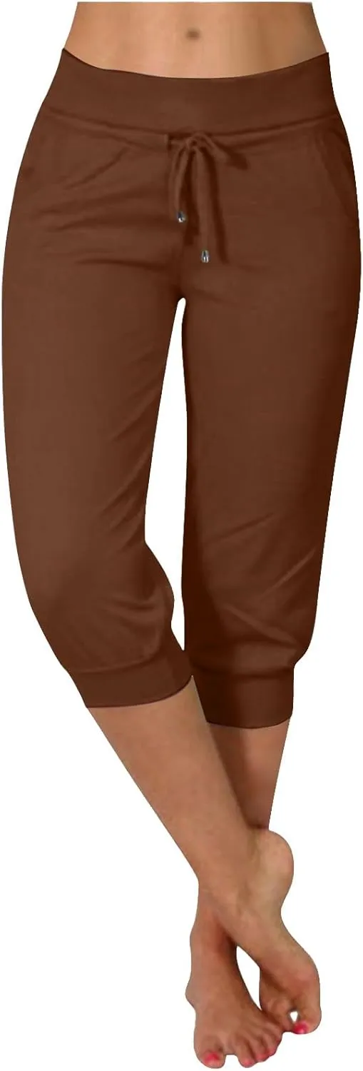 Women's Cropped Trousers Drawstring Capri Pants 3/4 Length Sweatpants Mid Waisted Yoga Pant Elastic Waist Trouser