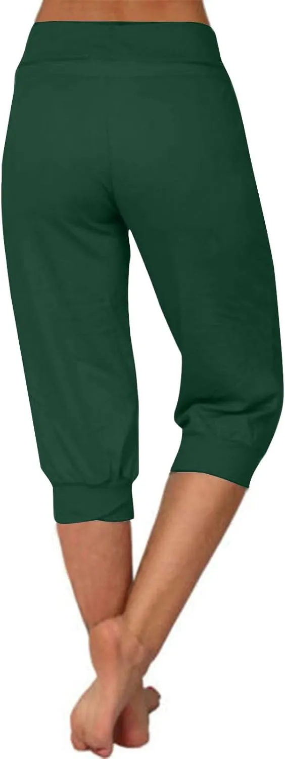 Women's Cropped Trousers Drawstring Capri Pants 3/4 Length Sweatpants Mid Waisted Yoga Pant Elastic Waist Trouser