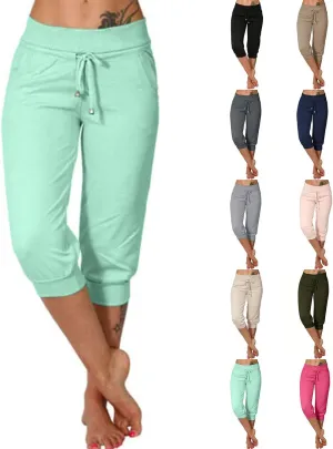 Women's Cropped Trousers Drawstring Capri Pants 3/4 Length Sweatpants Mid Waisted Yoga Pant Elastic Waist Trouser