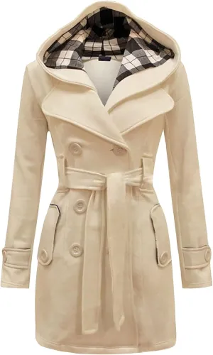 Womens Double Breasted Trench Coats 2024 Mid-Length Belted Overcoat Long Dress Jacket Hood Plus Size Woolen Windbreaker