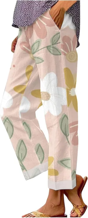 Womens Drawstring Linen Pants Summer Elastic Pants for Women Trendy Pants Work Casual Cropped