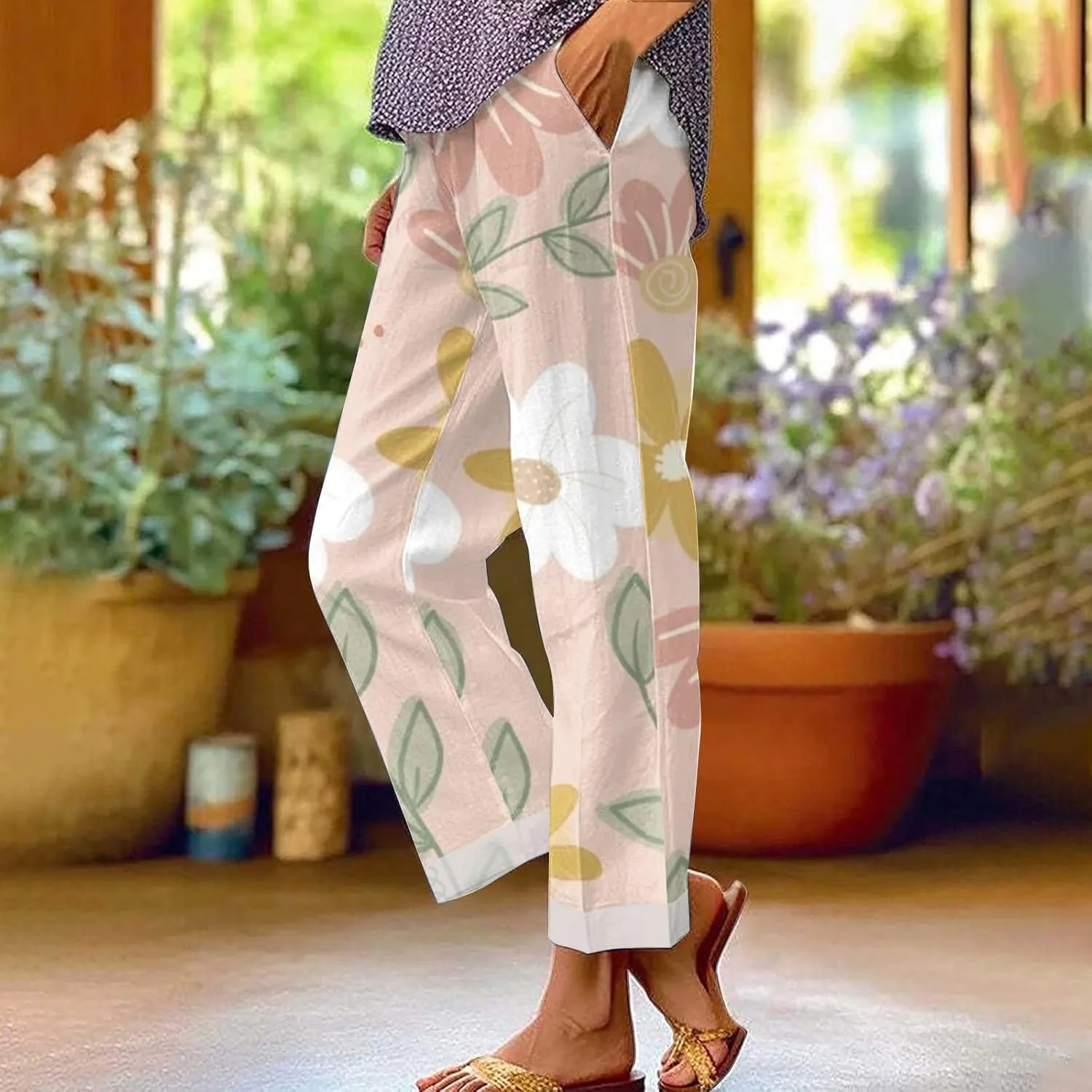 Womens Drawstring Linen Pants Summer Elastic Pants for Women Trendy Pants Work Casual Cropped
