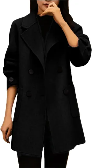 Womens Fall Winter Wool Coats Double Breasted Midi Peacoat Long Sleeve Lapel Trench Coats Warm Overcoats Outerwear