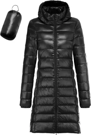 Women's Fashion Winter Packable Down Jacket Plus Size Lightweight Long Down Outerwear Puffer Jacket Hooded Coat