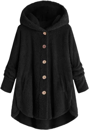 Women's Fleece Jackets Sherpa Winter Hooded Fuzzy Coat Oversized Button Down Cardigan Open Front Outwear with Pockets