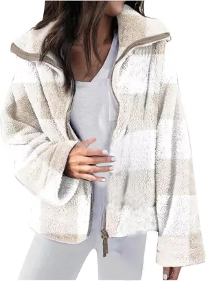 Womens Fleece Shacket Jacket 2024 Full Zip Up Lapel Casual Outfits Plaid Cropped Jackets Thermal Fall Outerwear Tops