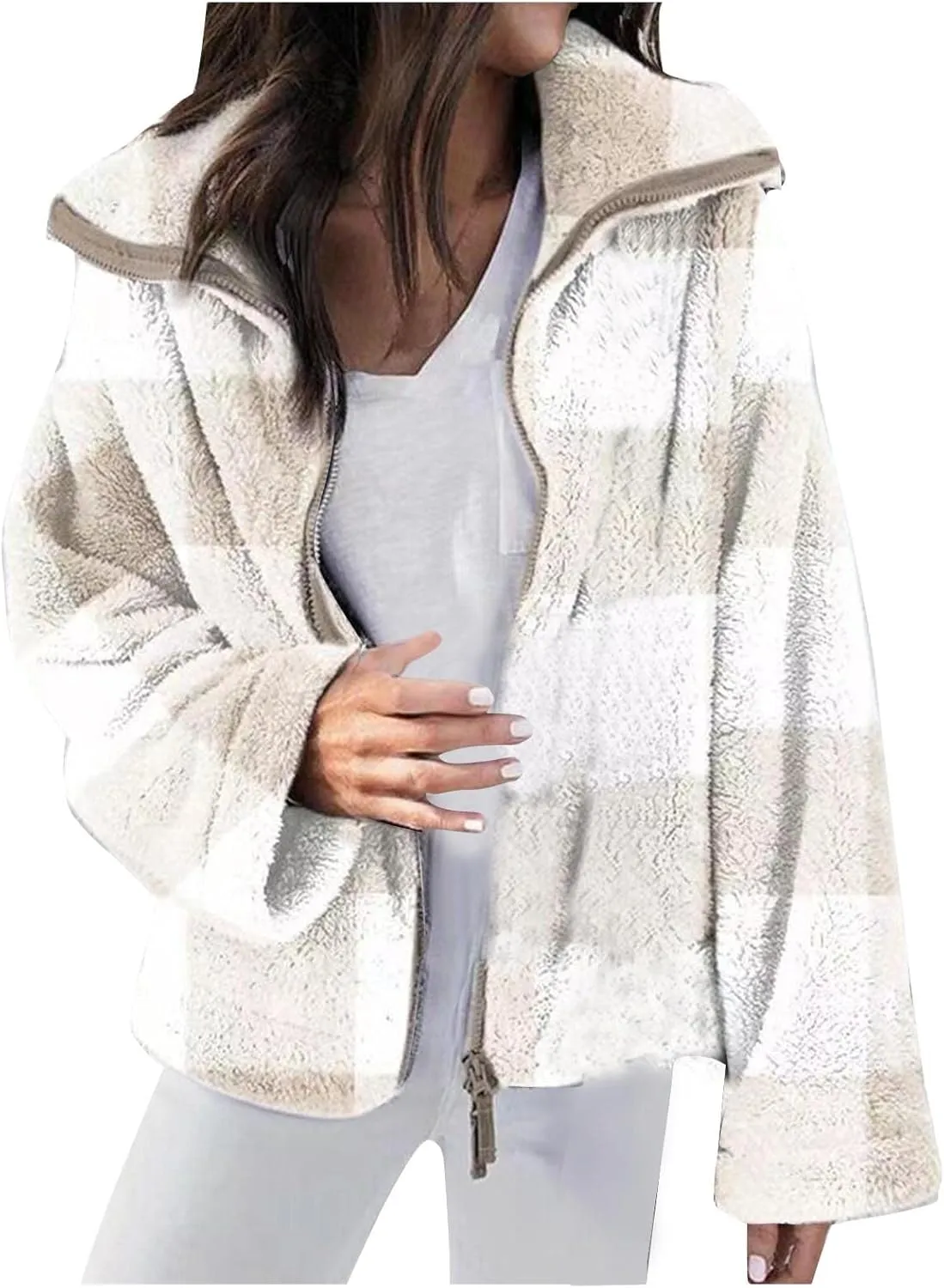 Womens Fleece Shacket Jacket 2024 Full Zip Up Lapel Casual Outfits Plaid Cropped Jackets Thermal Fall Outerwear Tops