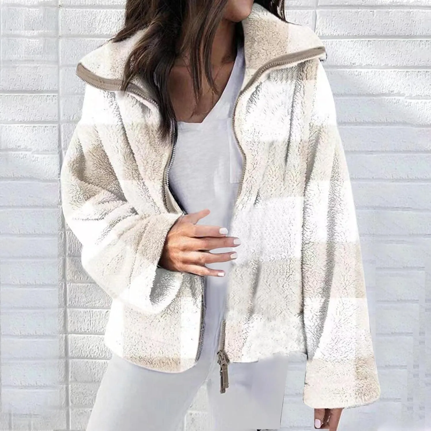 Womens Fleece Shacket Jacket 2024 Full Zip Up Lapel Casual Outfits Plaid Cropped Jackets Thermal Fall Outerwear Tops