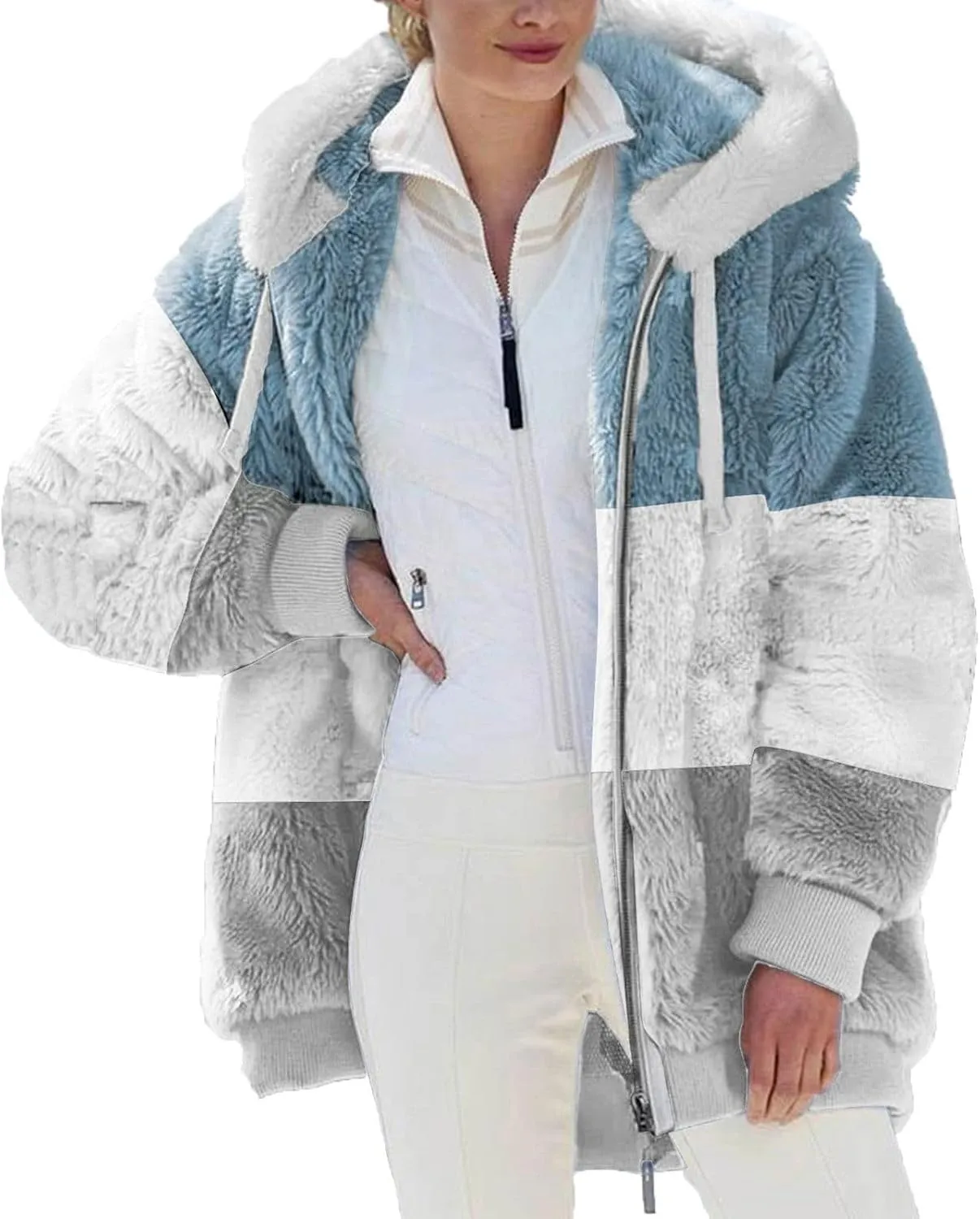 Women's Fuzzy Fleece Lined Sherpa Hoodie Oversized Fashion 2024 Color Block Cardigan Coat Shaggy Warm Winter Jackets