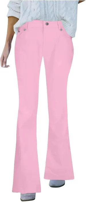 Women's High Waisted Flare Jeans Faux Denim Dress Pants Trendy Pull On Office Work Pants Stretchy Pull On with Pockets