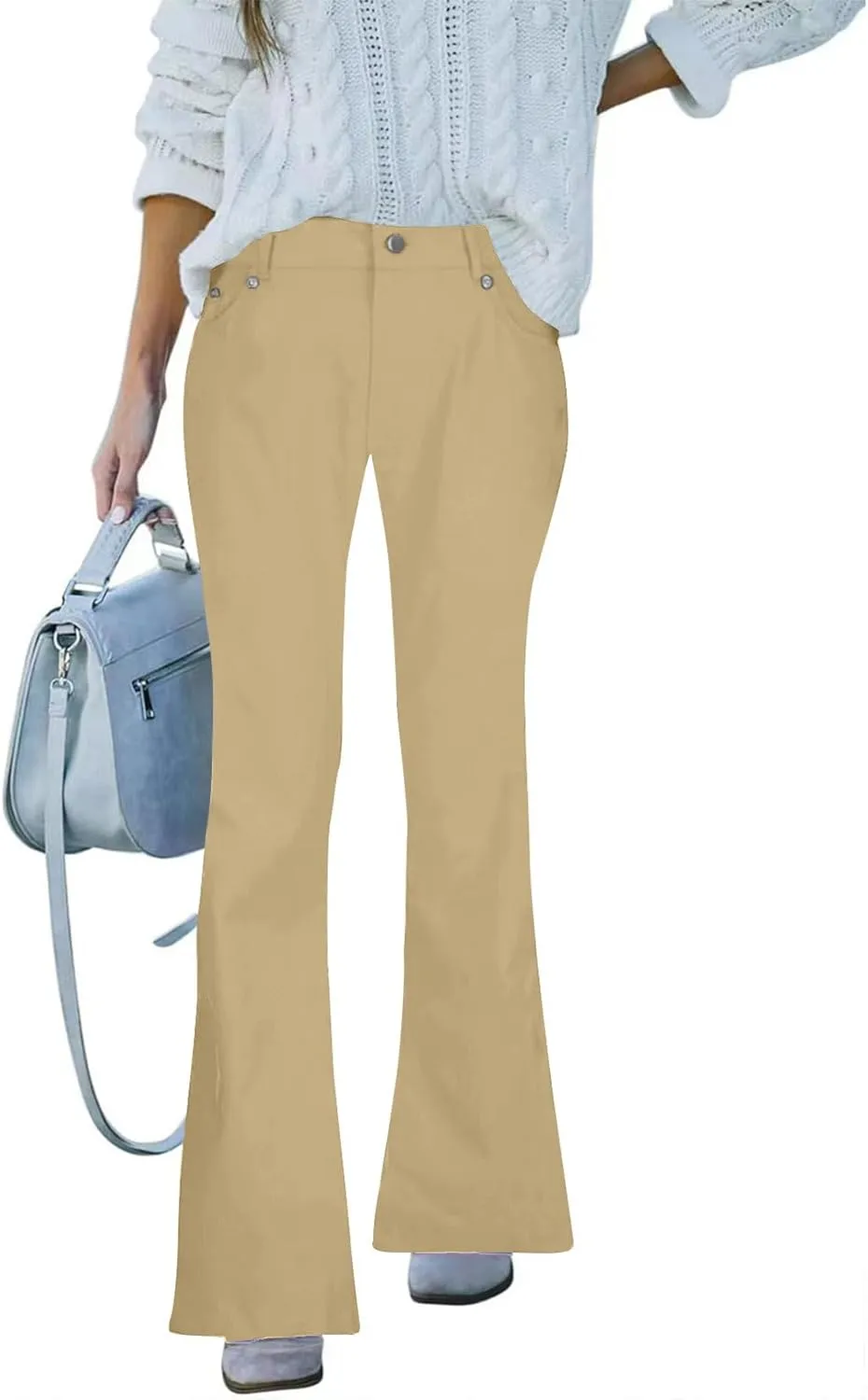 Women's High Waisted Flare Jeans Faux Denim Dress Pants Trendy Pull On Office Work Pants Stretchy Pull On with Pockets