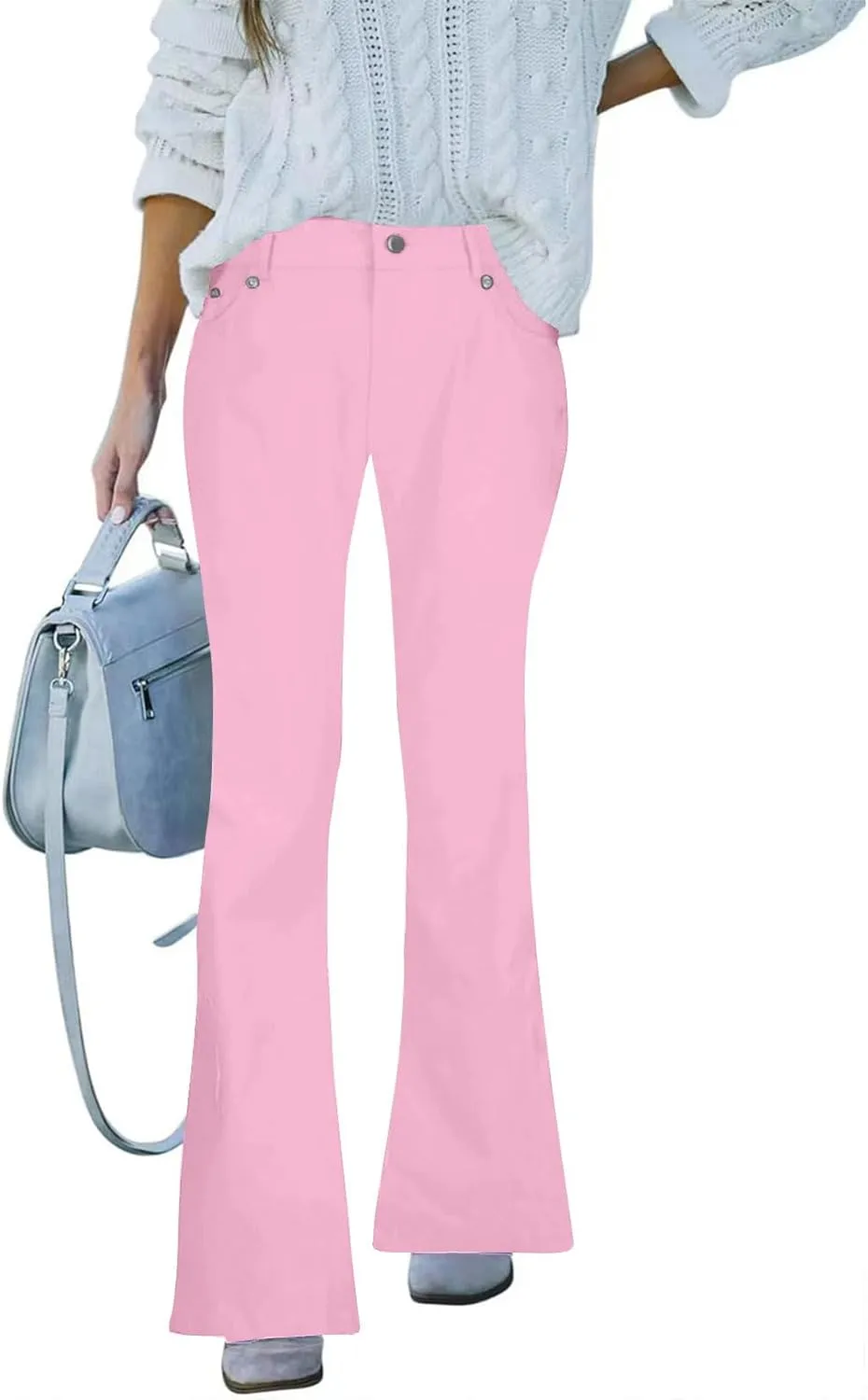 Women's High Waisted Flare Jeans Faux Denim Dress Pants Trendy Pull On Office Work Pants Stretchy Pull On with Pockets