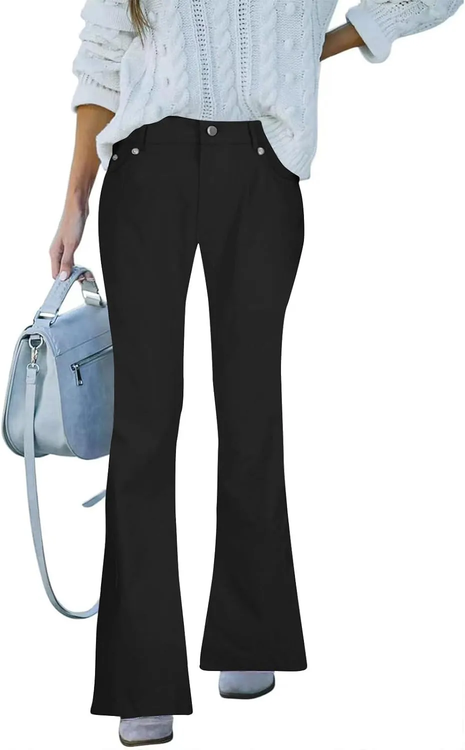 Women's High Waisted Flare Jeans Faux Denim Dress Pants Trendy Pull On Office Work Pants Stretchy Pull On with Pockets