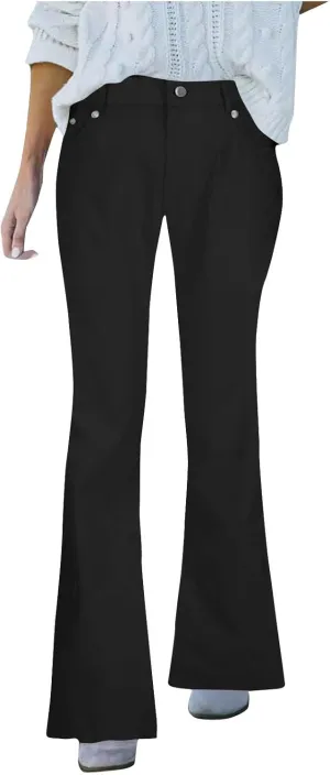 Women's High Waisted Flare Jeans Faux Denim Dress Pants Trendy Pull On Office Work Pants Stretchy Pull On with Pockets