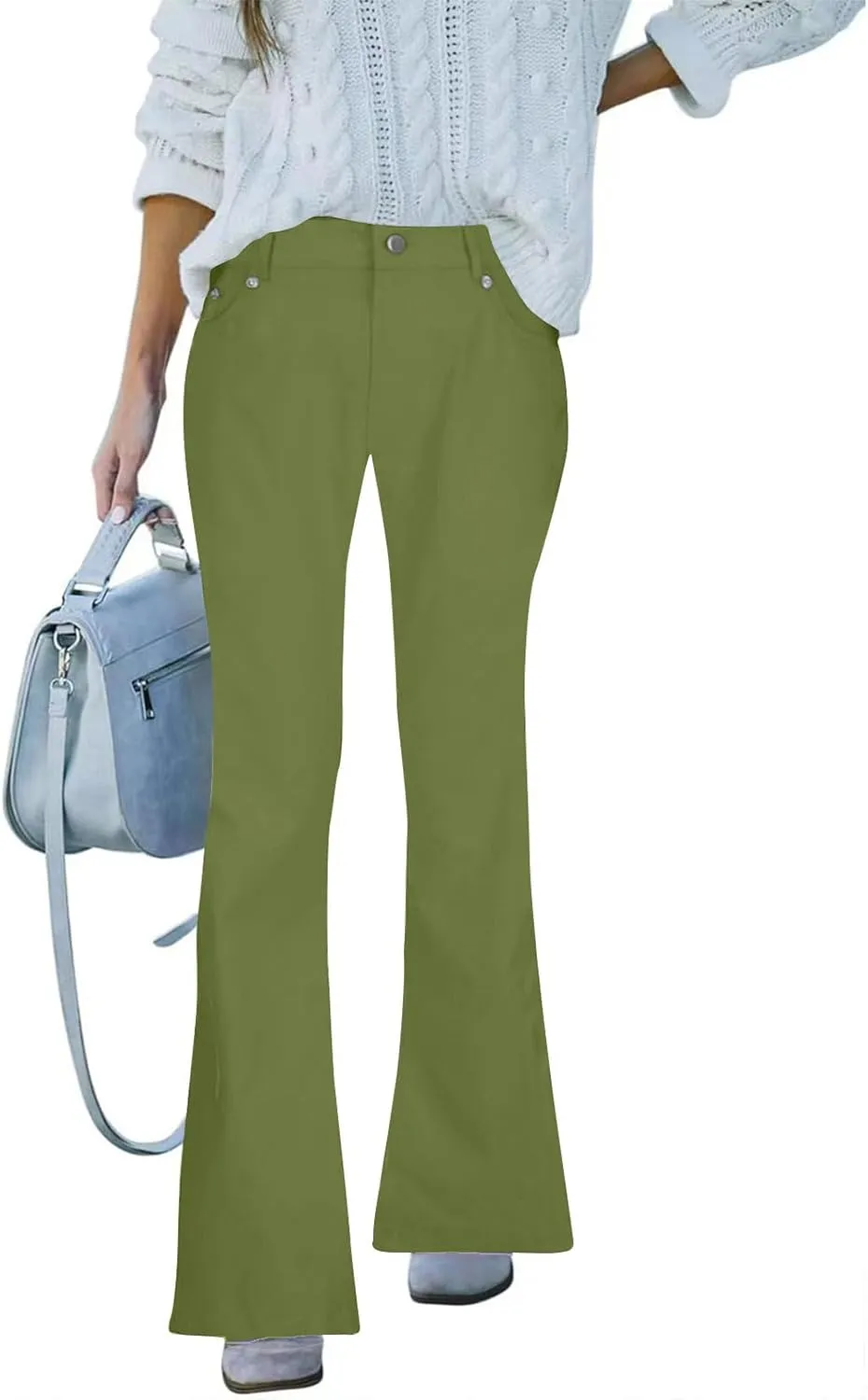 Women's High Waisted Flare Jeans Faux Denim Dress Pants Trendy Pull On Office Work Pants Stretchy Pull On with Pockets