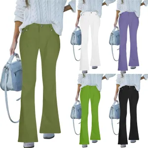 Women's High Waisted Flare Jeans Faux Denim Dress Pants Trendy Pull On Office Work Pants Stretchy Pull On with Pockets
