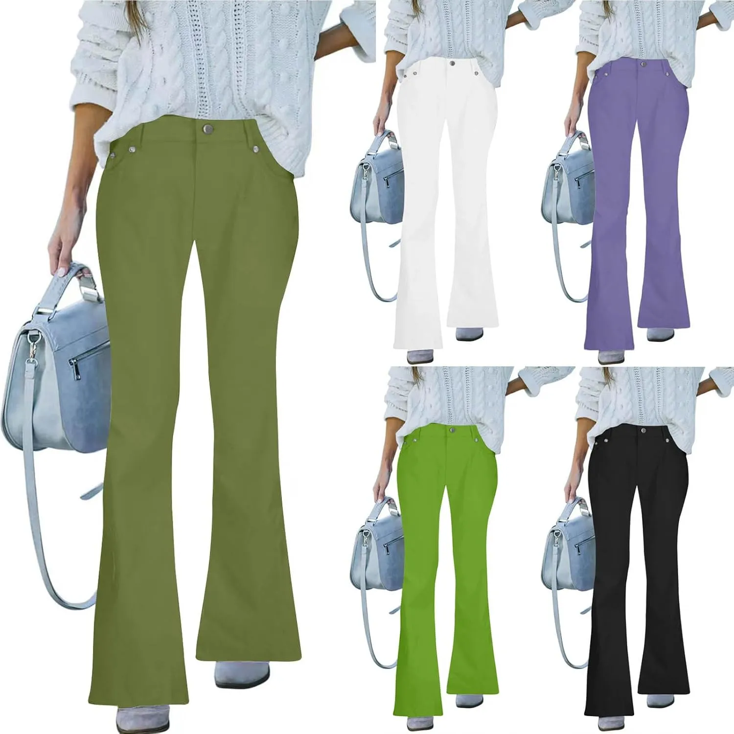 Women's High Waisted Flare Jeans Faux Denim Dress Pants Trendy Pull On Office Work Pants Stretchy Pull On with Pockets