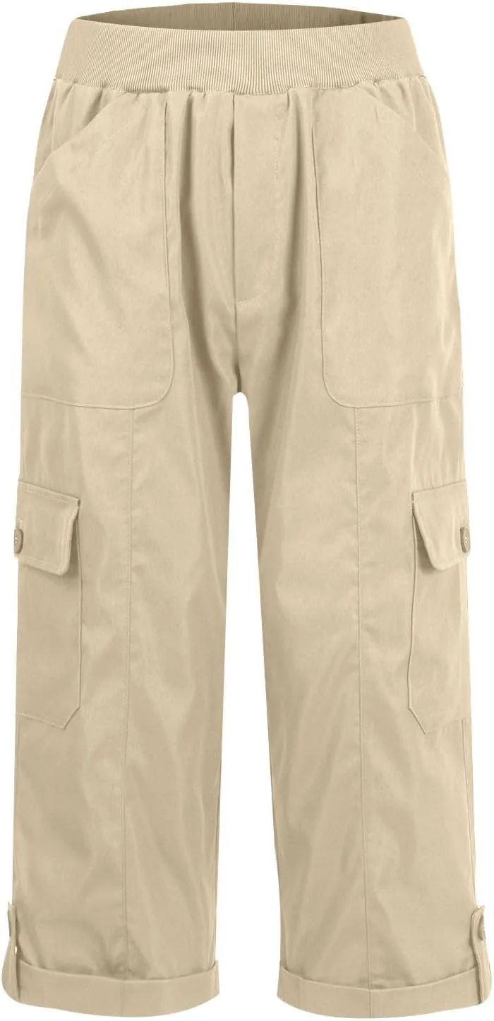Womens Hiking Cargo Pants Loose Fit Elastic Waisted Pull On Capris Pants Baggy Trousers with Pockets