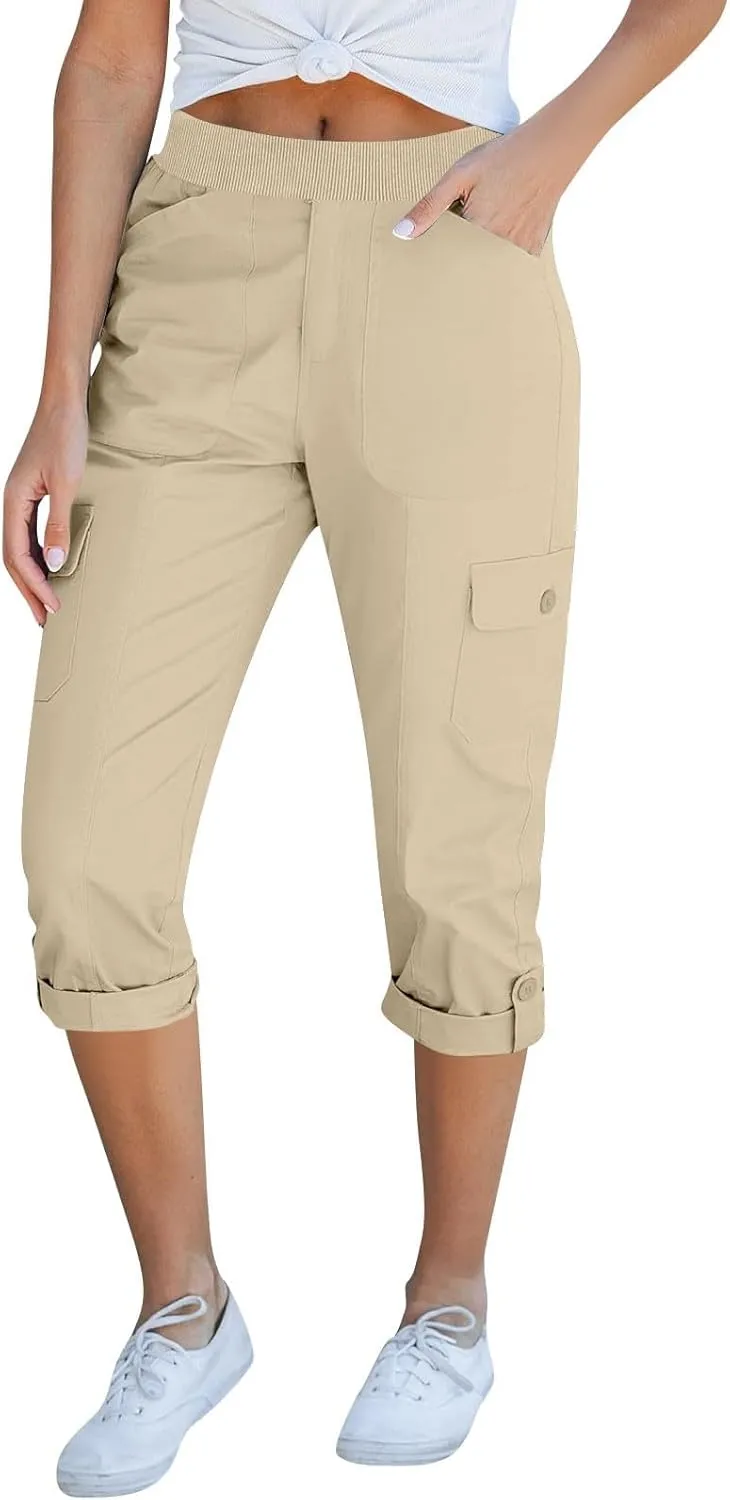 Womens Hiking Cargo Pants Loose Fit Elastic Waisted Pull On Capris Pants Baggy Trousers with Pockets