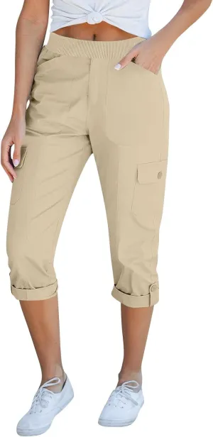 Womens Hiking Cargo Pants Loose Fit Elastic Waisted Pull On Capris Pants Baggy Trousers with Pockets