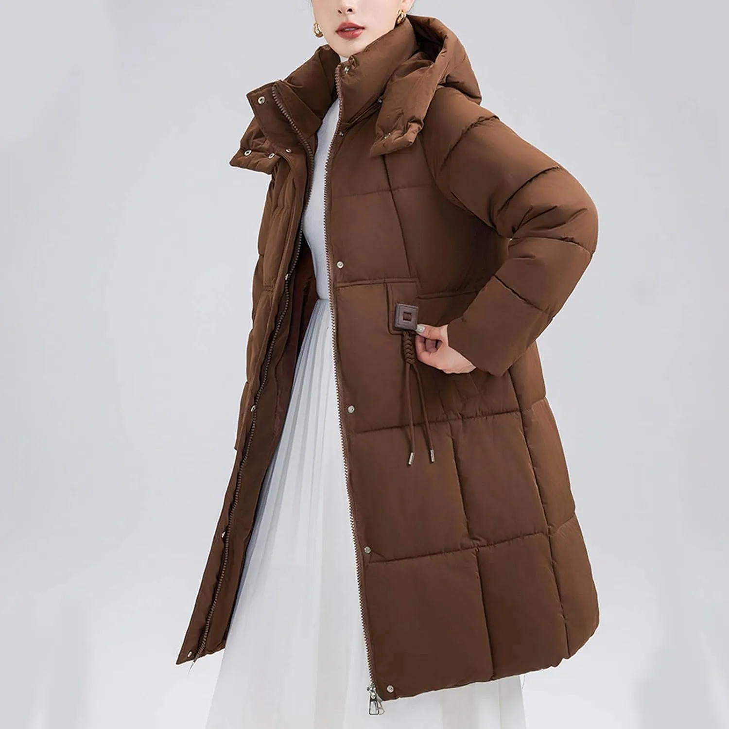 Women's Hooded Down Jacket Long Winter Coat Puffer Jackets Lightweight Quilted Hooded Long Down Alternative Outwear