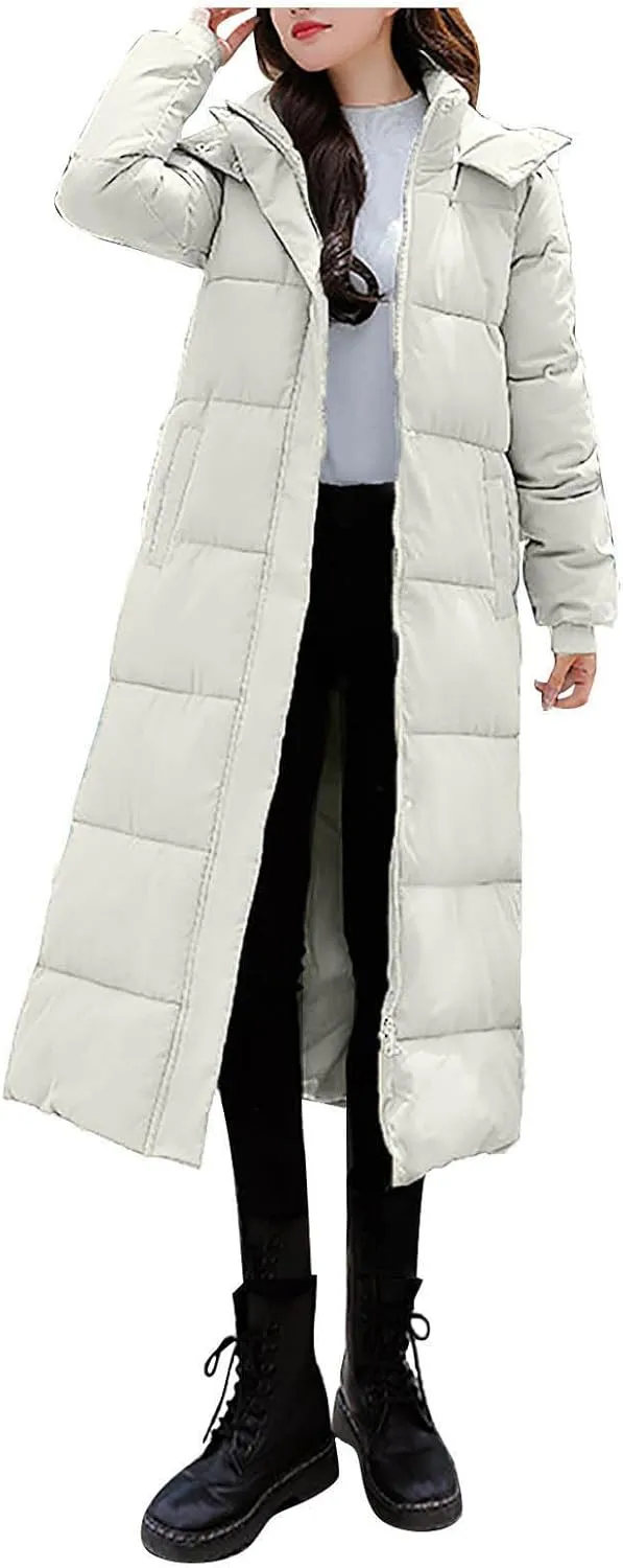 Women's Hooded Long Down Jacket Thicken Warm Parka Puffer Coat Full Zip Quilted Outerwear with Side Button Hem
