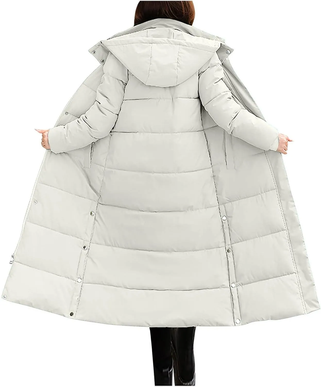 Women's Hooded Long Down Jacket Thicken Warm Parka Puffer Coat Full Zip Quilted Outerwear with Side Button Hem