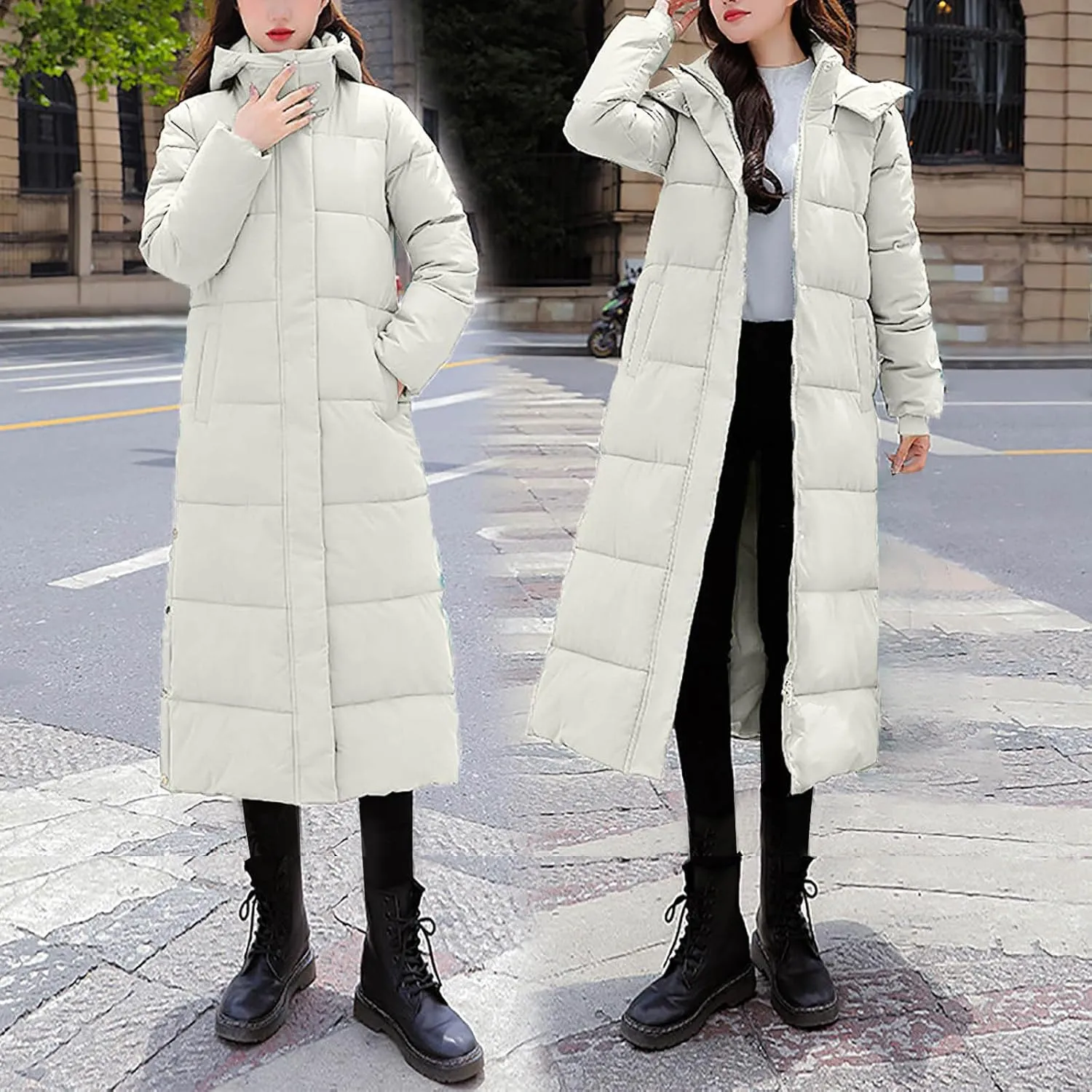 Women's Hooded Long Down Jacket Thicken Warm Parka Puffer Coat Full Zip Quilted Outerwear with Side Button Hem