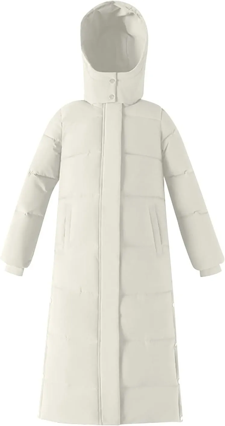 Women's Hooded Long Down Jacket Thicken Warm Parka Puffer Coat Full Zip Quilted Outerwear with Side Button Hem