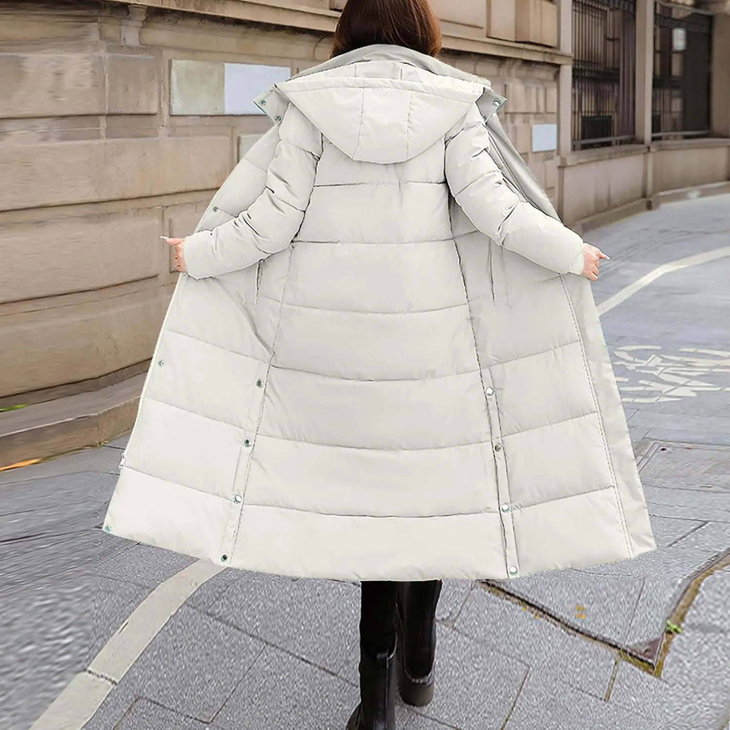 Women's Hooded Long Down Jacket Thicken Warm Parka Puffer Coat Full Zip Quilted Outerwear with Side Button Hem