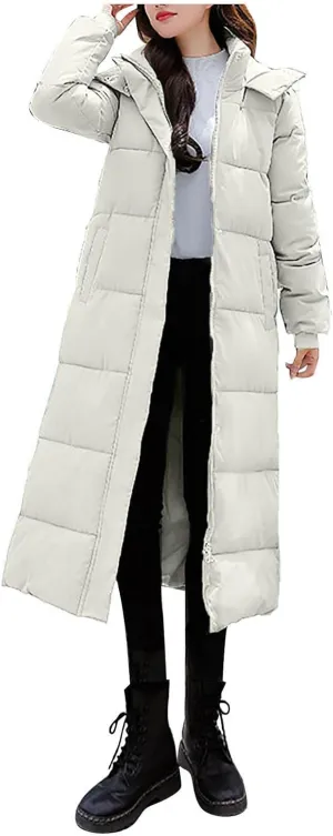 Women's Hooded Long Down Jacket Thicken Warm Parka Puffer Coat Full Zip Quilted Outerwear with Side Button Hem