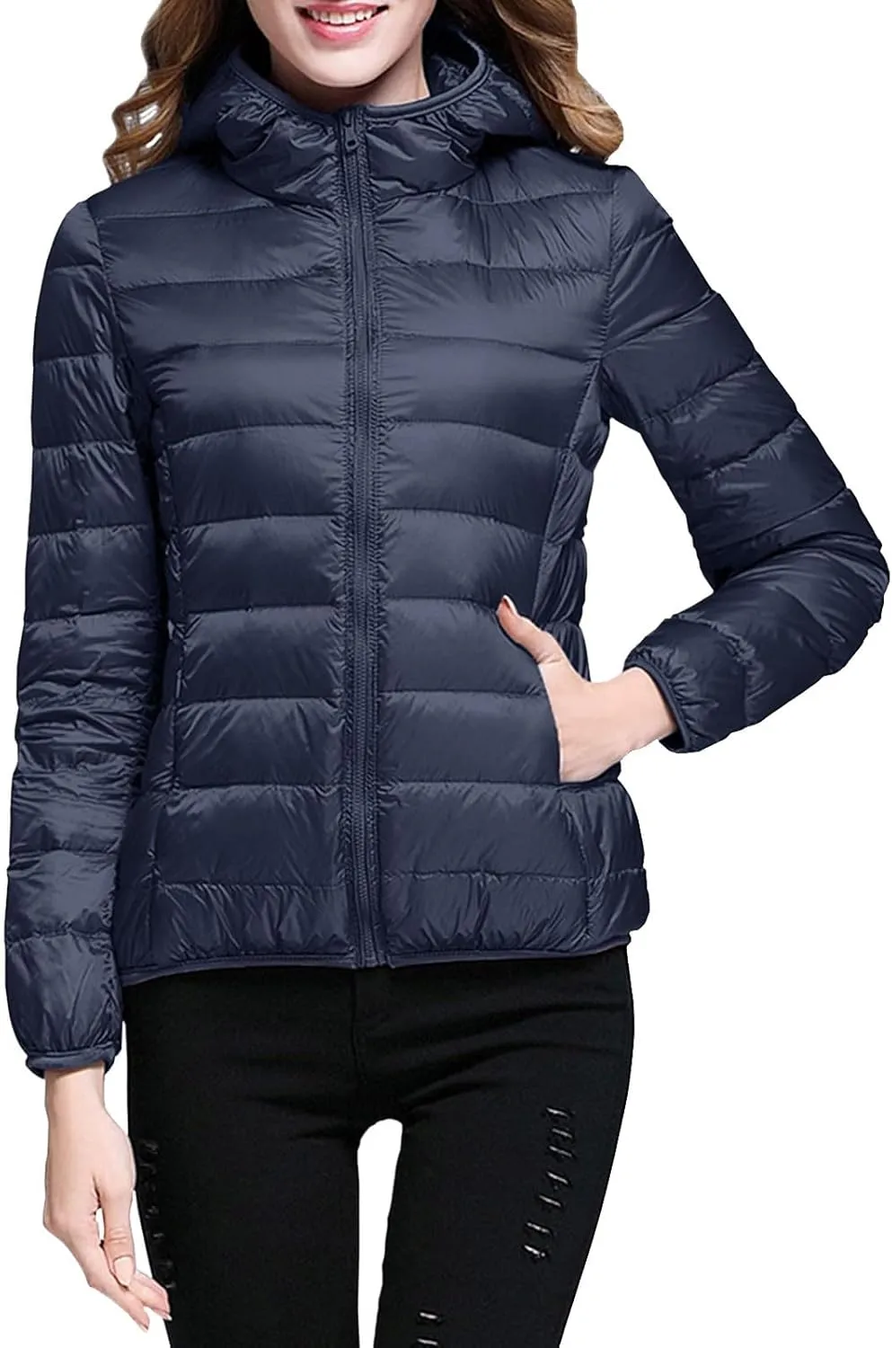 Womens Hooded Puffer Jacket Warm Lightweight Long Sleeve Down Coat Slim Cropped Zipper Outwear 2024 Trendy Winter Coats