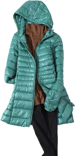 Women's Lightweight Down Jackets Hooded Drawstring Packable Puffer Jacket Windproof Warm Long Puffer 2024 Winter Coat