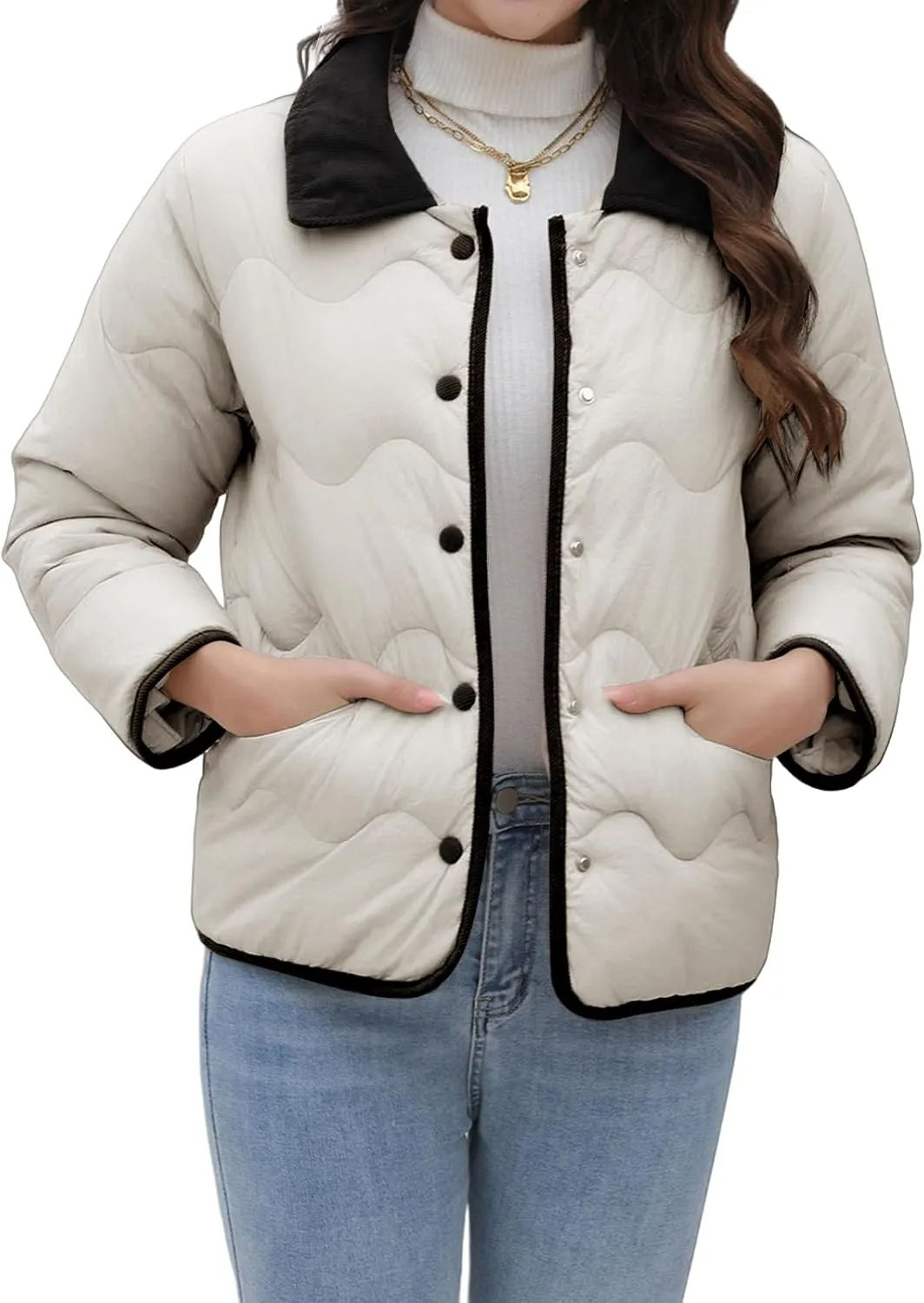 Womens Lightweight Jackets Cropped Puffer Jacket Button Down Short Baggy Quilted Down Coat Trendy Fall Winter Pockets