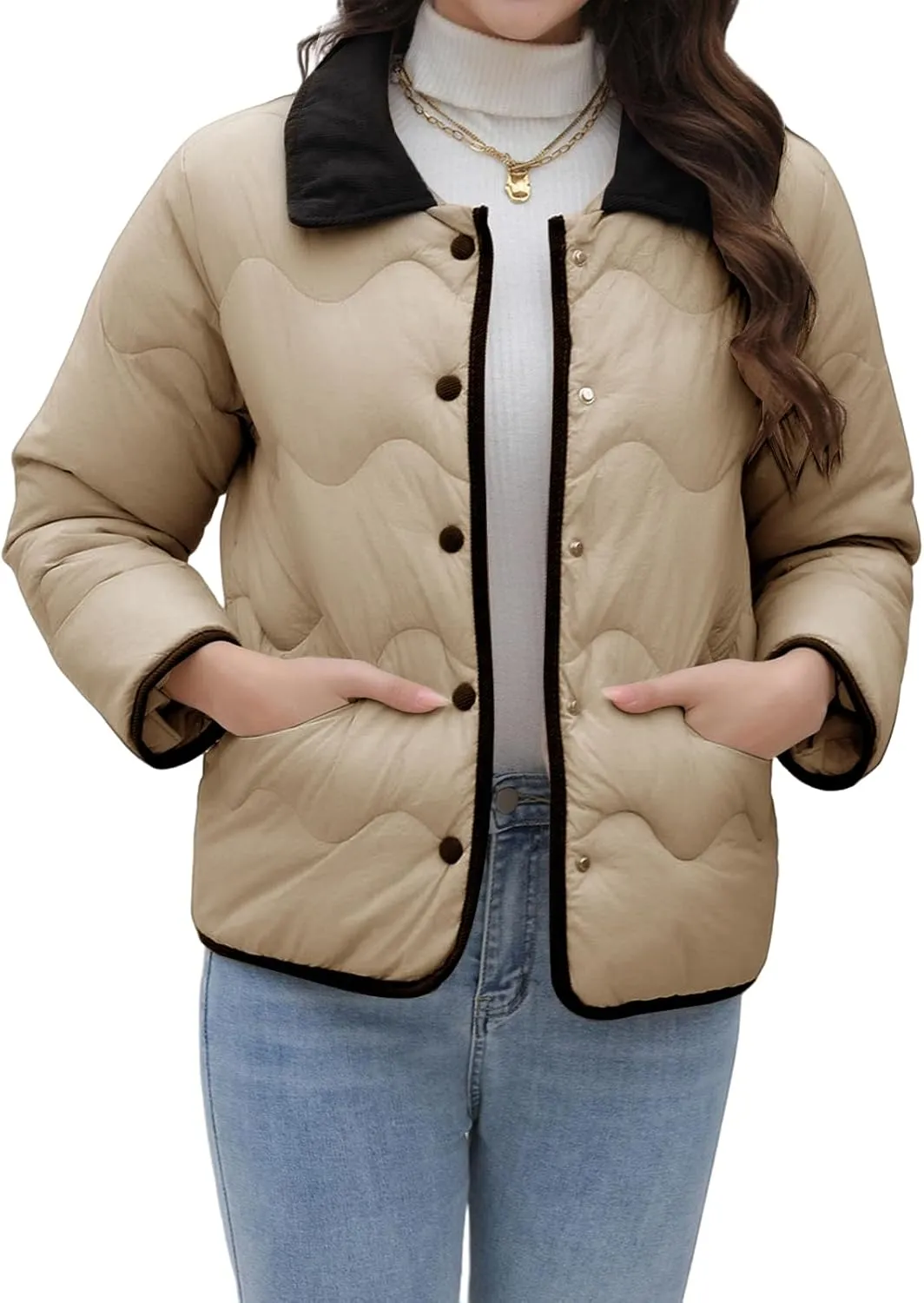 Womens Lightweight Jackets Cropped Puffer Jacket Button Down Short Baggy Quilted Down Coat Trendy Fall Winter Pockets