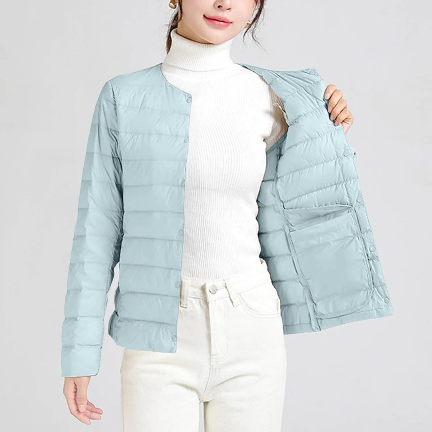Womens Lightweight Quilted Puffer Jackets Collarless Snap Packable Short Down Jacket Winter Warm Down Coats Outwear