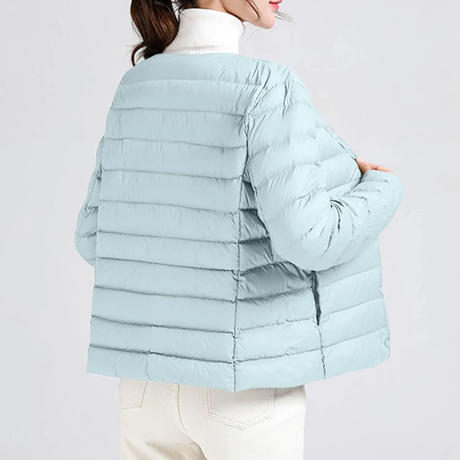 Womens Lightweight Quilted Puffer Jackets Collarless Snap Packable Short Down Jacket Winter Warm Down Coats Outwear