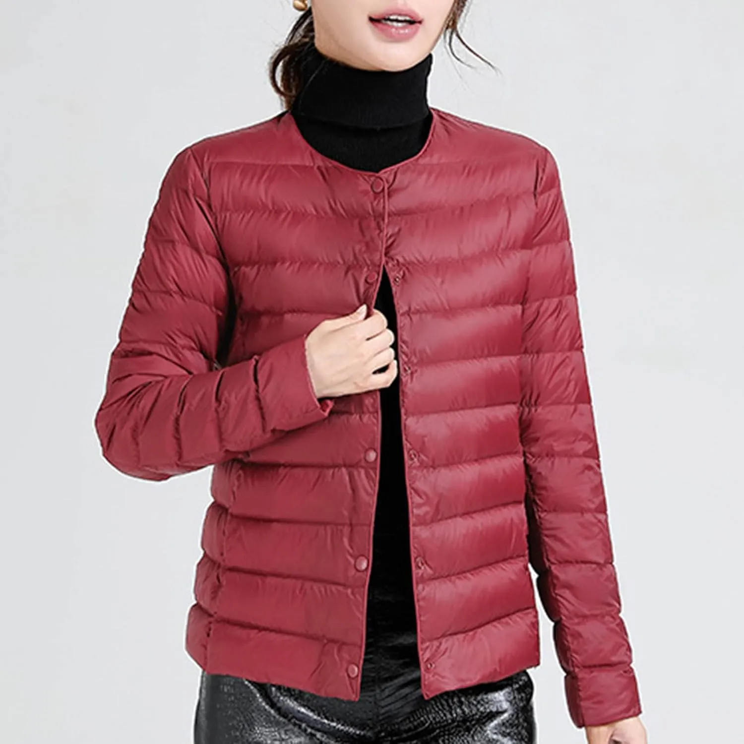 Womens Lightweight Quilted Puffer Jackets Collarless Snap Packable Short Down Jacket Winter Warm Down Coats Outwear