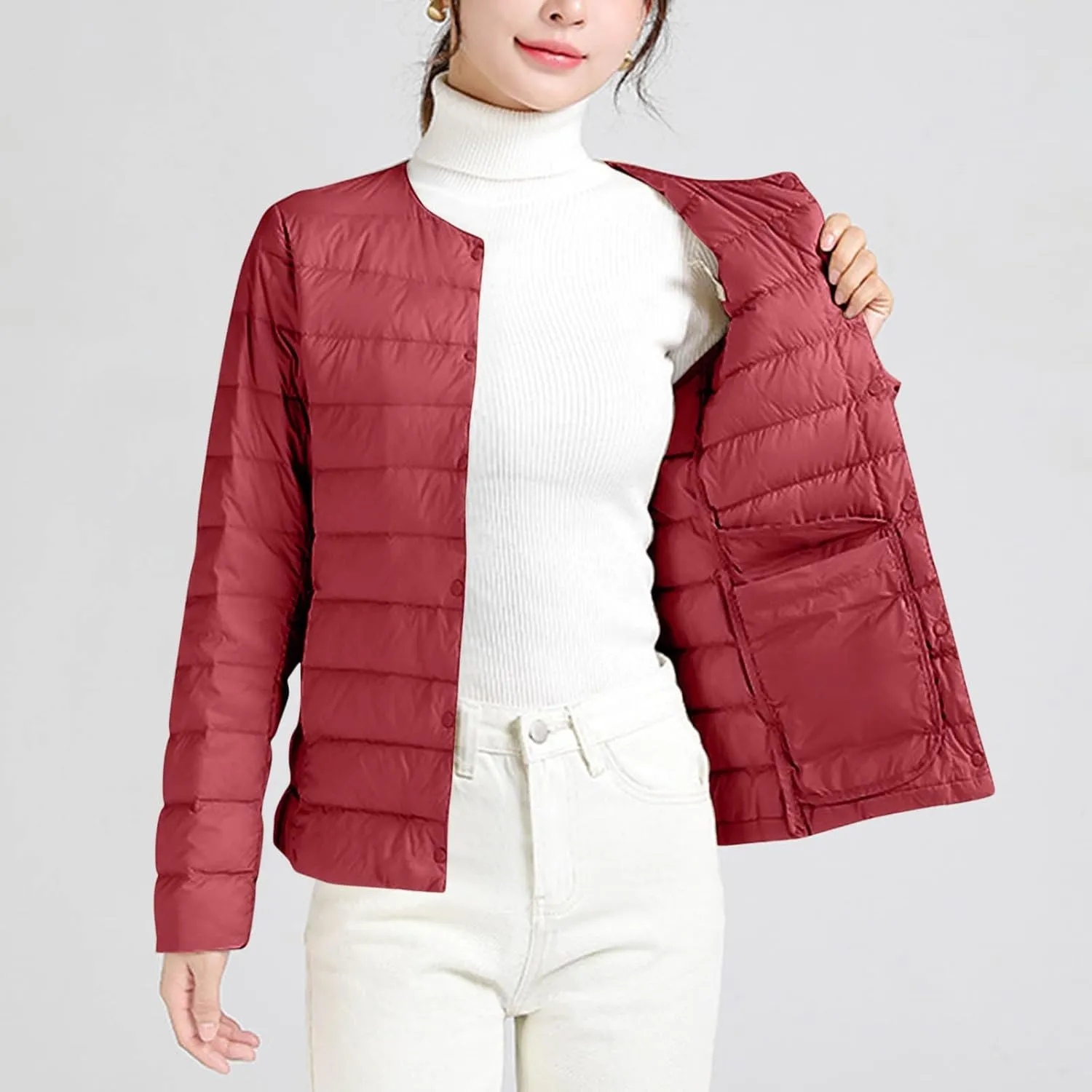 Womens Lightweight Quilted Puffer Jackets Collarless Snap Packable Short Down Jacket Winter Warm Down Coats Outwear