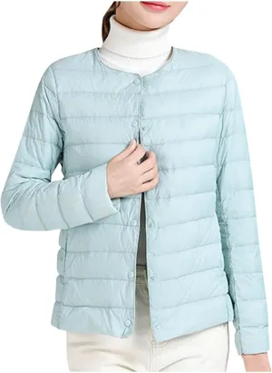 Womens Lightweight Quilted Puffer Jackets Collarless Snap Packable Short Down Jacket Winter Warm Down Coats Outwear