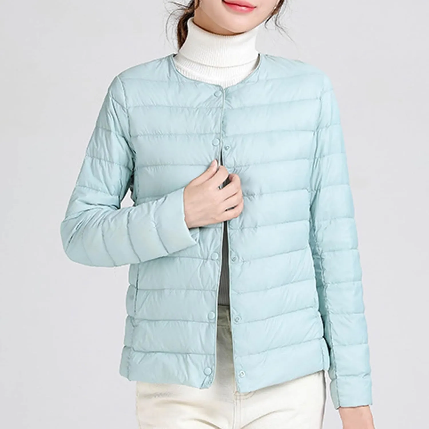 Womens Lightweight Quilted Puffer Jackets Collarless Snap Packable Short Down Jacket Winter Warm Down Coats Outwear