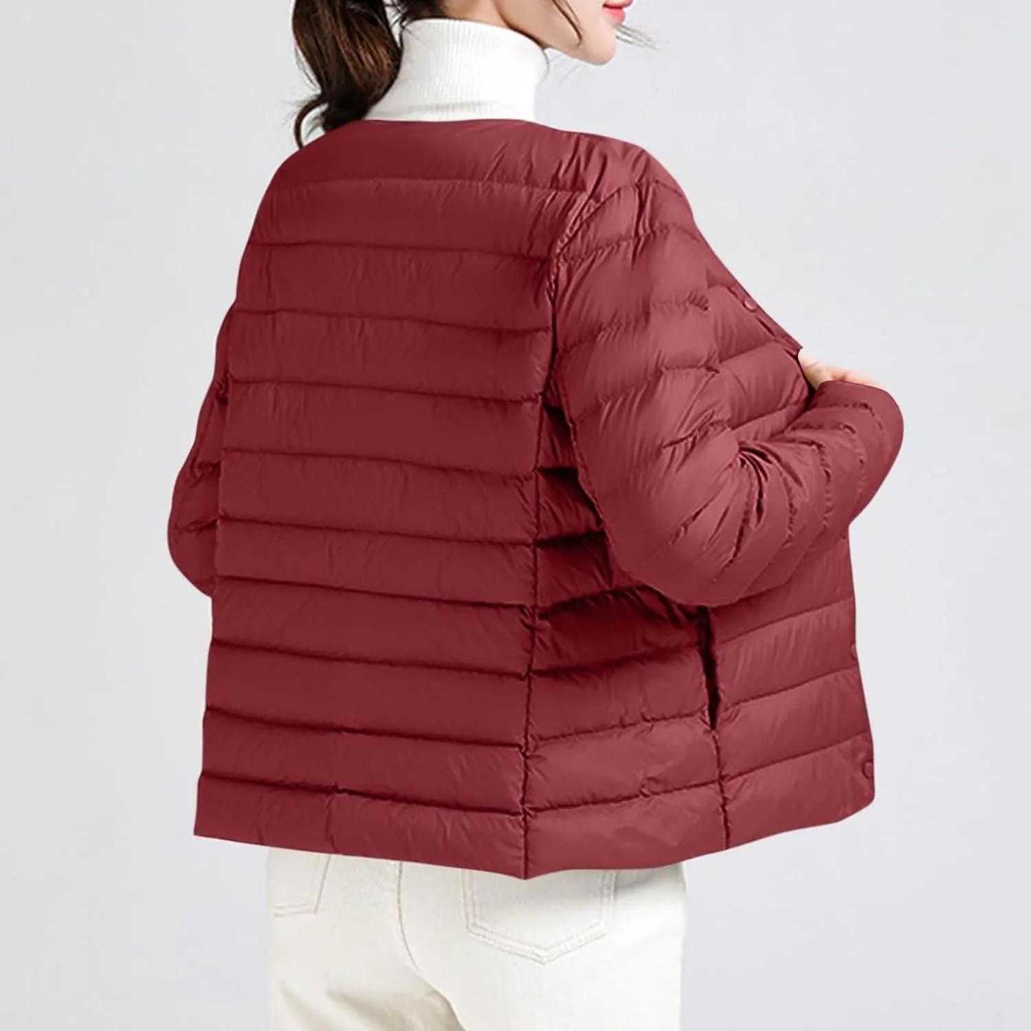 Womens Lightweight Quilted Puffer Jackets Collarless Snap Packable Short Down Jacket Winter Warm Down Coats Outwear