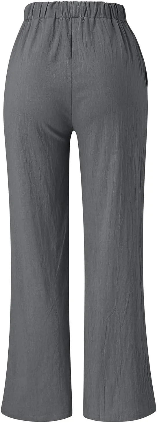 Women's Linen Casual High Waist Wide Leg Straight Dress Cotton Linen Pants Button Trousers
