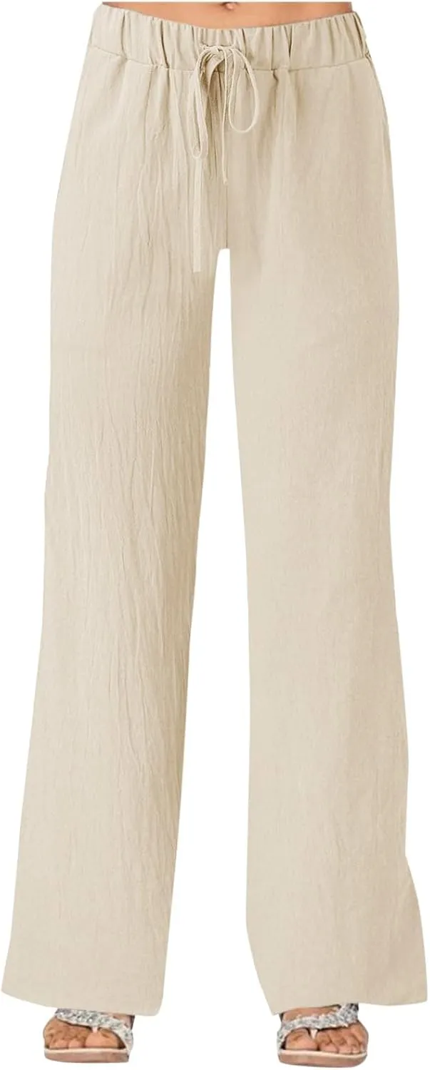 Women's Linen Casual High Waist Wide Leg Straight Dress Cotton Linen Pants Button Trousers