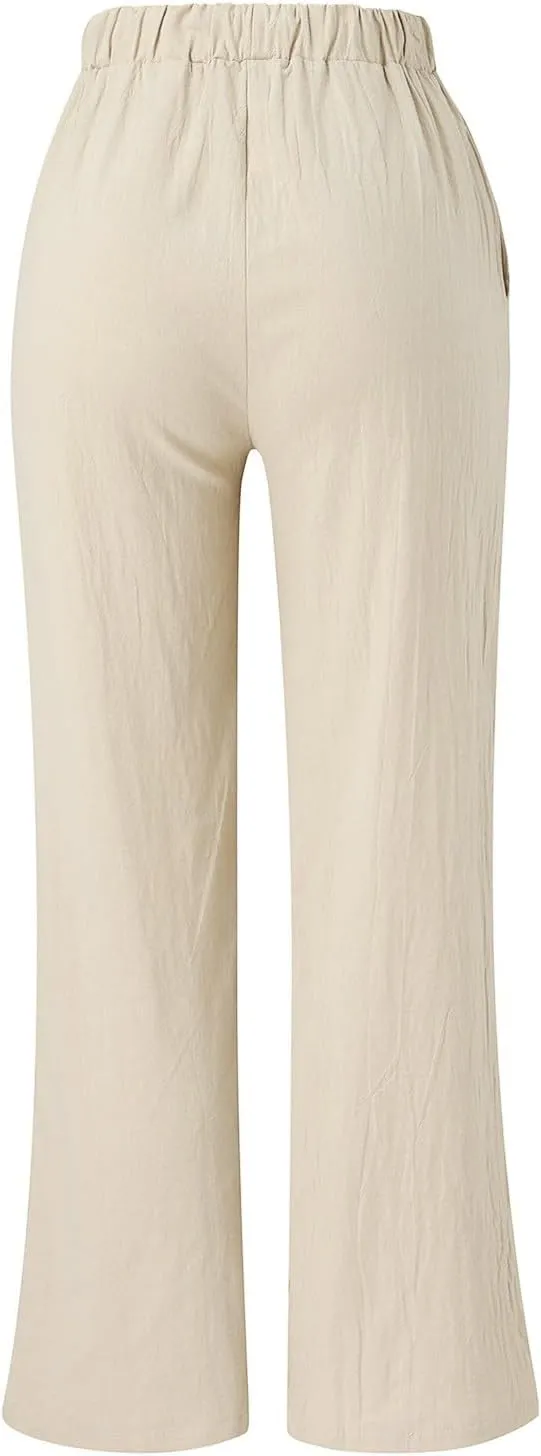 Women's Linen Casual High Waist Wide Leg Straight Dress Cotton Linen Pants Button Trousers