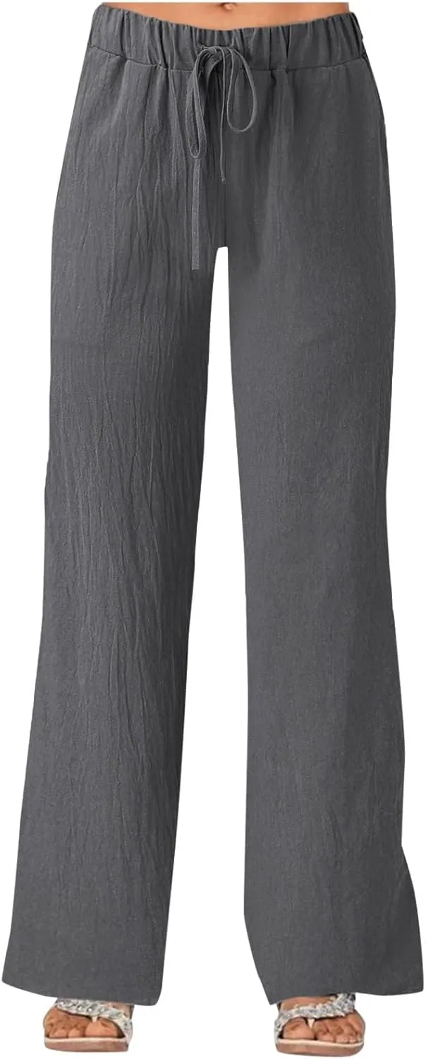 Women's Linen Casual High Waist Wide Leg Straight Dress Cotton Linen Pants Button Trousers