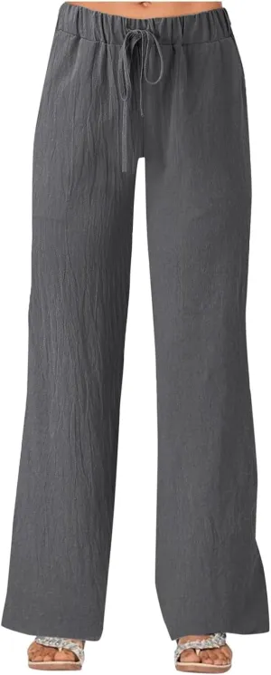 Women's Linen Casual High Waist Wide Leg Straight Dress Cotton Linen Pants Button Trousers
