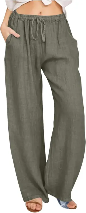 Women's Linen Pants Wide Leg Summer Pants High Waisted Palazzo Pants Comfy Beach Pants Soft Lounge Pants Trousers